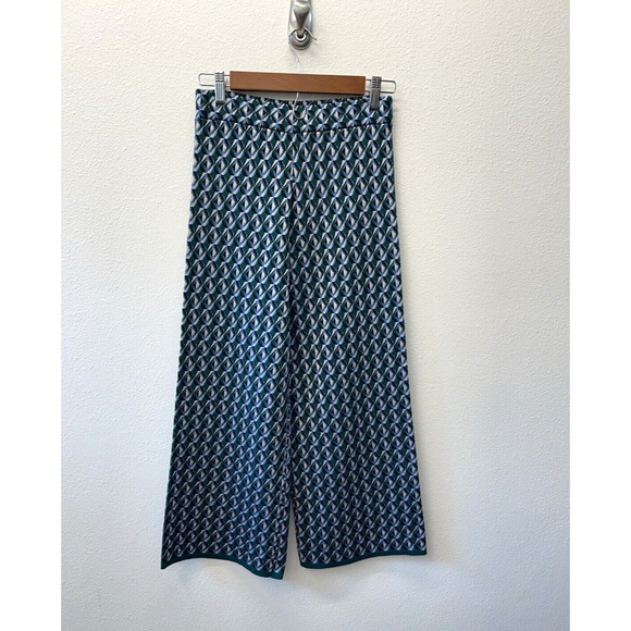 Zara Pants Womens Size S Blue Green Textured Knit Print Pull On Retro Artsy - Picture 1 of 6